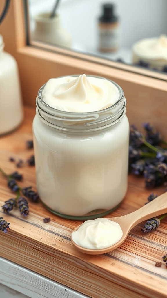 Nourishing Homemade Whipped Tallow Face Cream A jar of fluffy whipped tallow face cream on a wooden surface with lavender and natural decor.